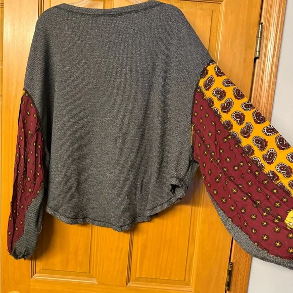 We The Free Charcoal Top with Multicolor Patterned Sleeves - Picture 3 of 5